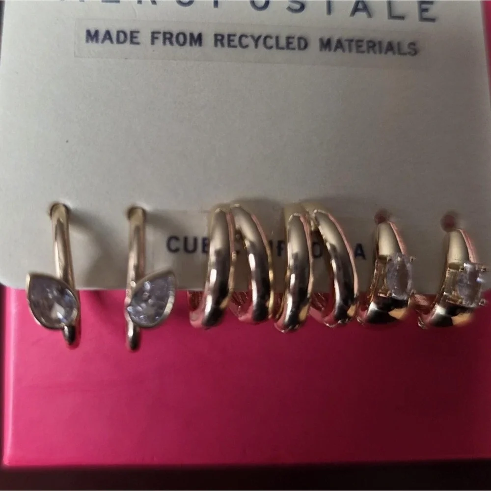 Aeropostale Gold Tone Cubic Zirconia Earring Set‎ 3 Pairs Y2K classic small